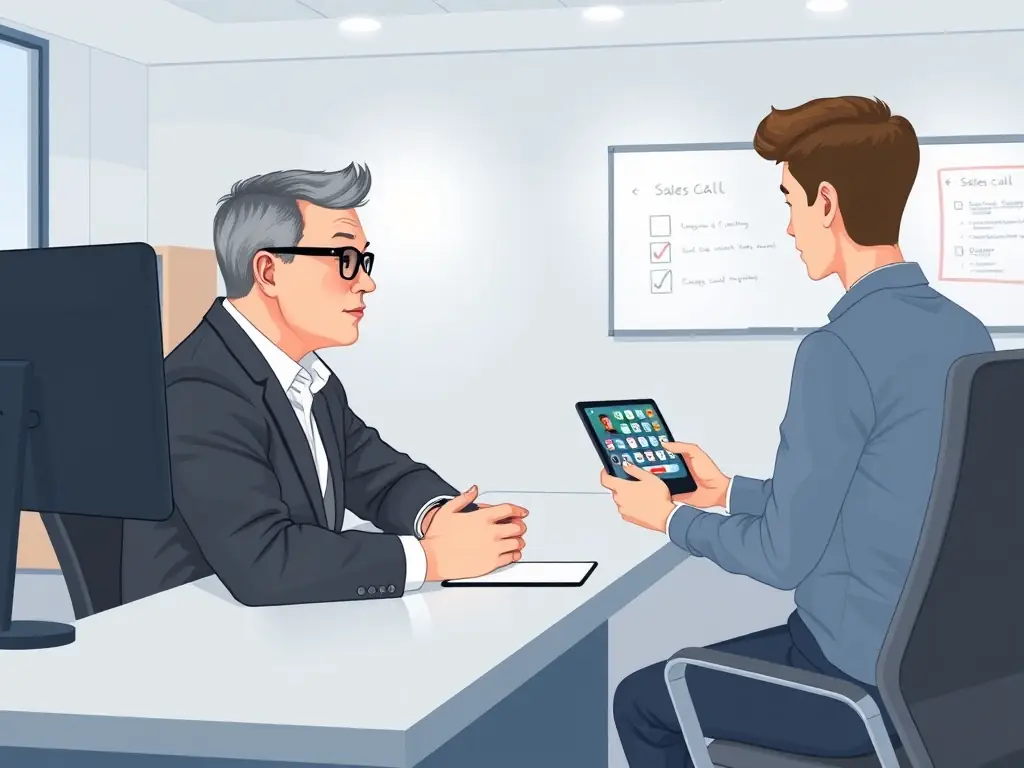 A professional coach working one-on-one with a sales representative, reviewing sales calls and strategies in a modern office setting. The focus is on personalized guidance and skill enhancement.