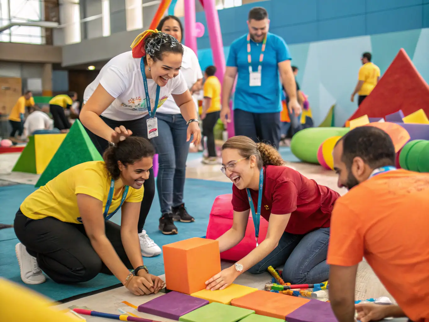A group of sales professionals participating in a dynamic workshop with a facilitator, engaging in interactive exercises and discussions. The atmosphere is collaborative and energetic.
