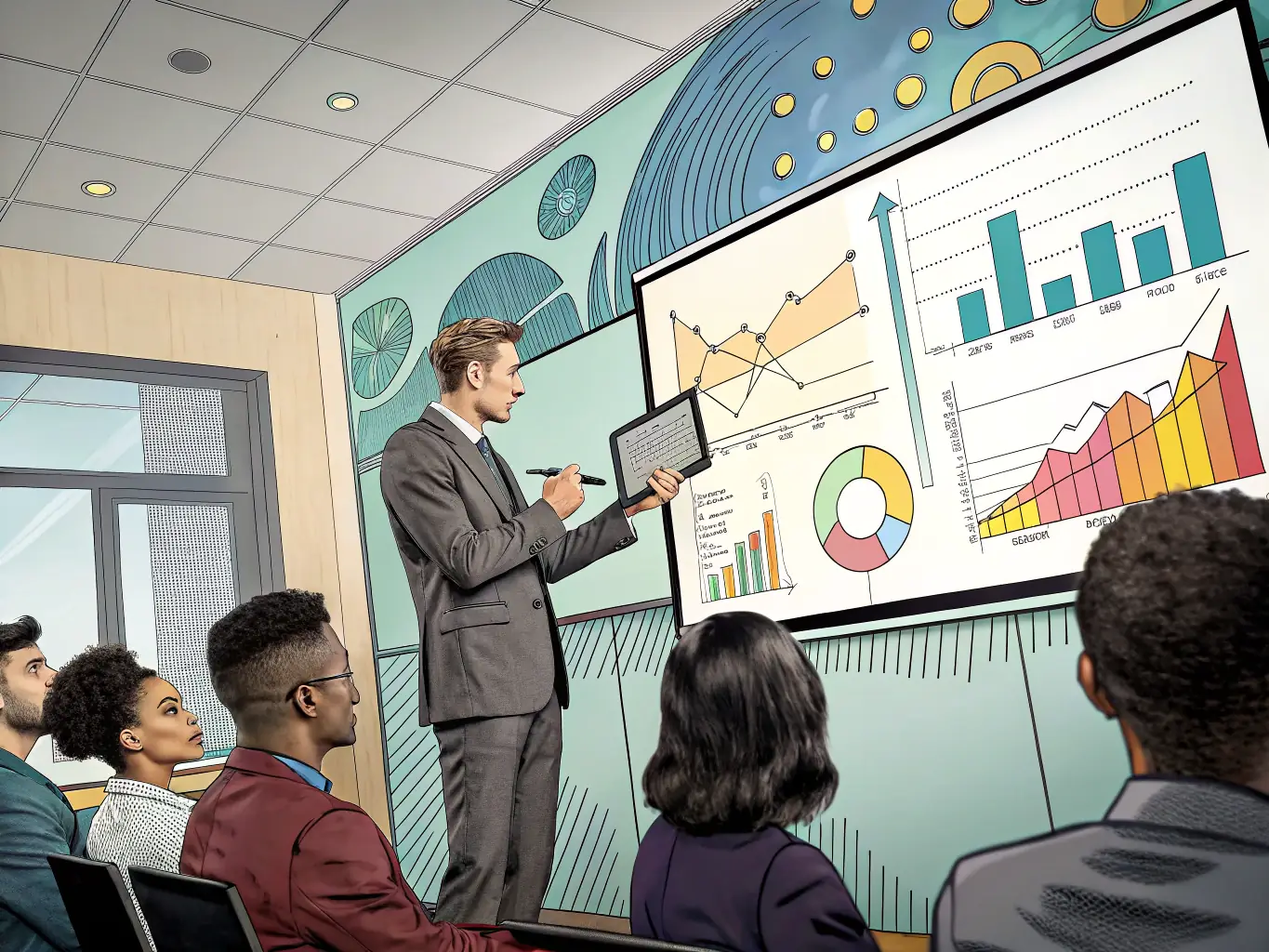 A sales professional presenting a polished proposal to a client with engaging visuals in a corporate boardroom. The scene emphasizes clarity and persuasion.